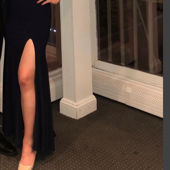 Elegant navy Off shoulder Floor length dress - Picture 3 of 8